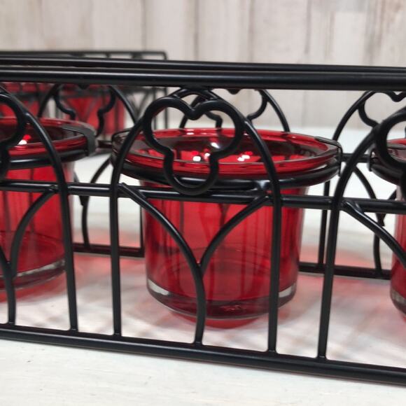 Set of 2 Halloween Themed Metal and Glass Votive Holders in Black Metal and Red - Picture 2 of 7